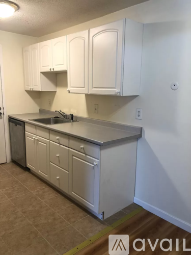 A kitchen with white cabinets and a stainless steel sink.