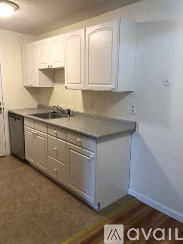 A kitchen with white cabinets and a stainless steel sink.
