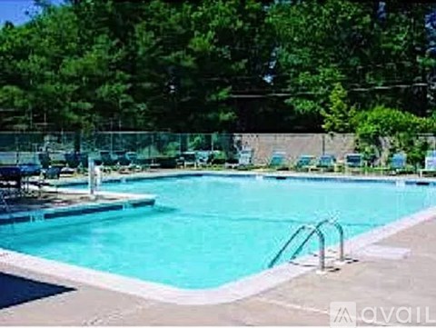 A pool surrounded by trees and chairs.