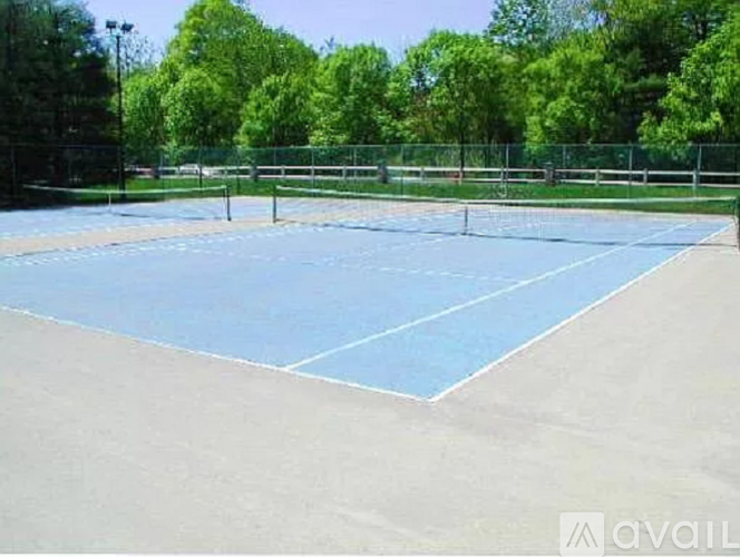 A tennis court surrounded by a fence and trees.
