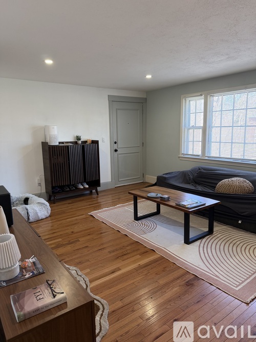 A living room with a black couch, a wooden coffee table, and a white rug.