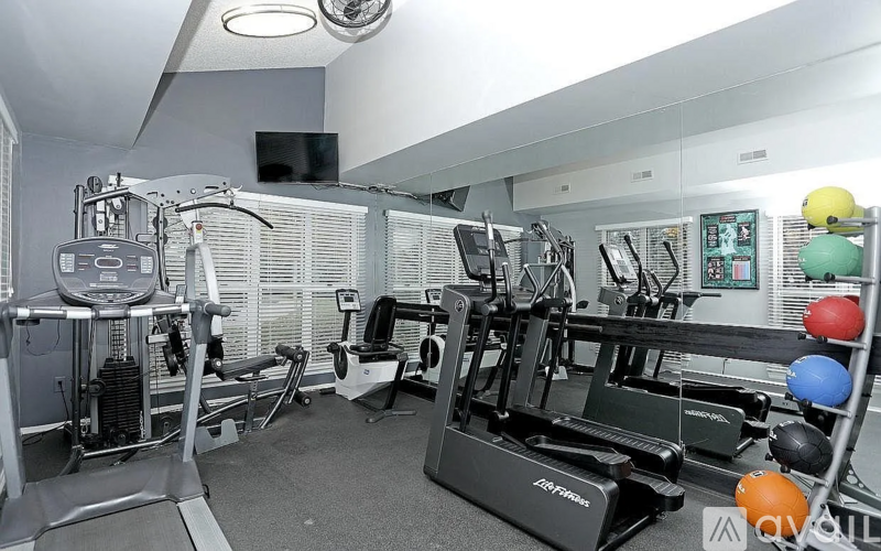 A gym with a variety of equipment including a treadmill, weights, and a bench press.