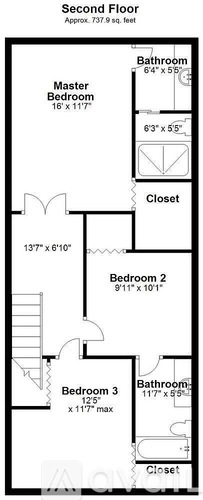 A floor plan of a second floor showing a master bedroom, two additional bedrooms, and bathrooms.