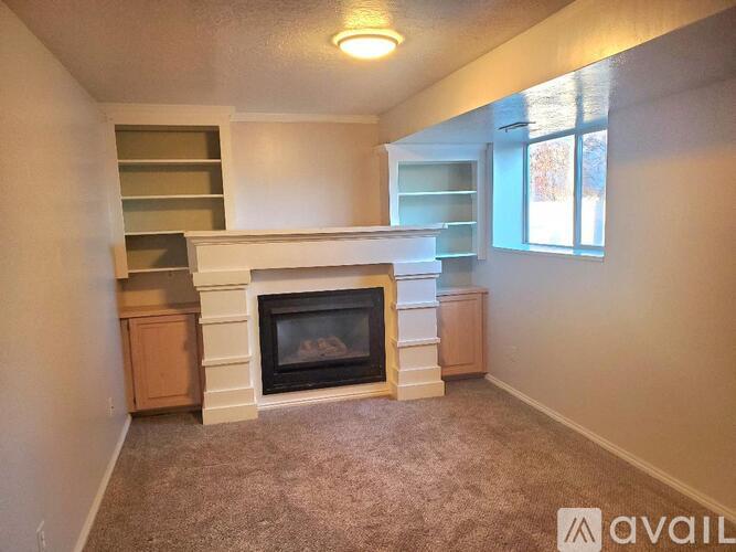 A living room with a fireplace and built-in shelves.
