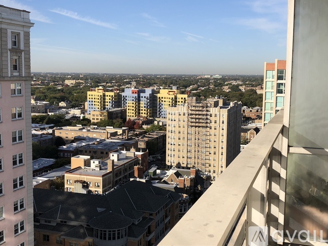 A cityscape with buildings of various heights and a clear sky.