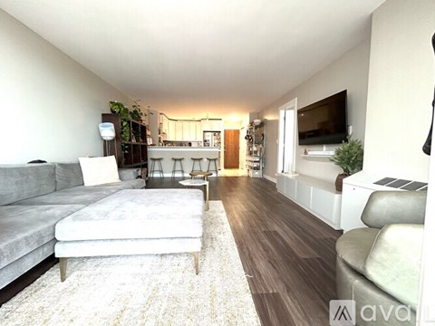 A living room with a grey couch and a white rug.
