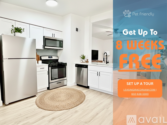 A kitchen with a promotion for a free 8 week lease.