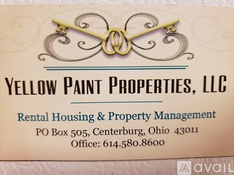 A business card for Yellow Paint Properties, LLC, which specializes in rental housing and property management.