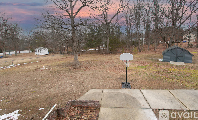 A basketball hoop stands in the middle of a grassy area.