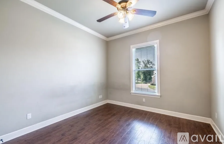 A room with a ceiling fan and a window showing trees outside.