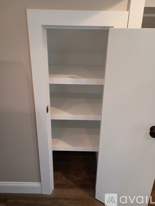 A white door with a black handle is open.
