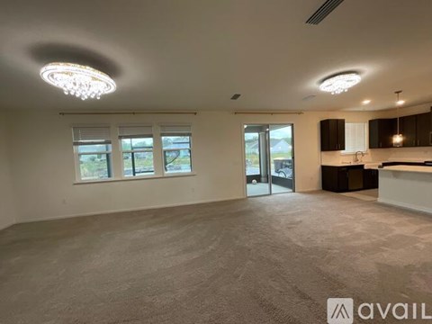 A spacious room with a carpeted floor, ceiling lights, and a kitchen area with cabinets and a countertop.