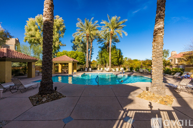A pool surrounded by palm trees and lounge chairs.