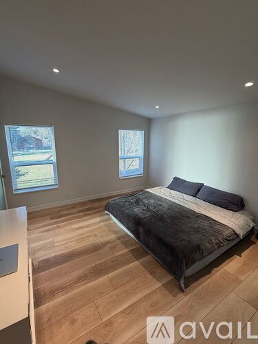 A bedroom with a large bed and two windows.