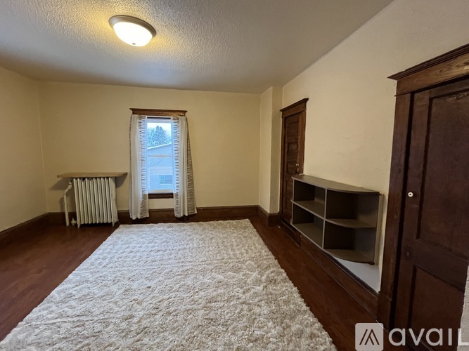 A room with a white rug, a window with curtains, a radiator, and a wooden door.