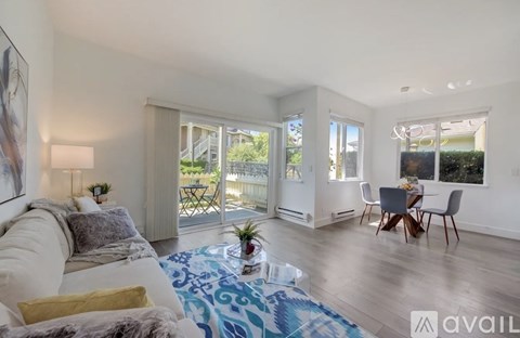 A living room with a white couch and a blue patterned rug.