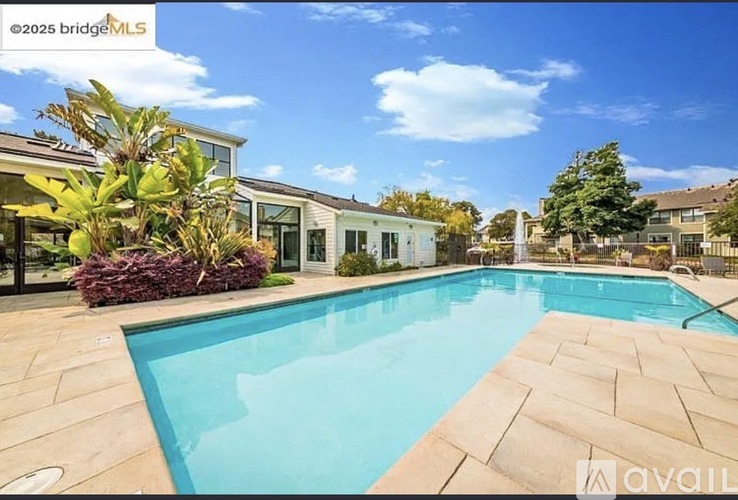 A swimming pool in a backyard with a house in the background.