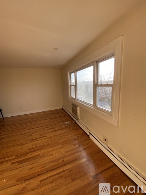 A room with wooden flooring and a window showing a view of bare trees outside.