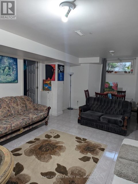 A living room with a brown rug and two couches.