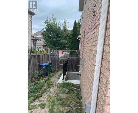 A backyard with a fence and a small tree.