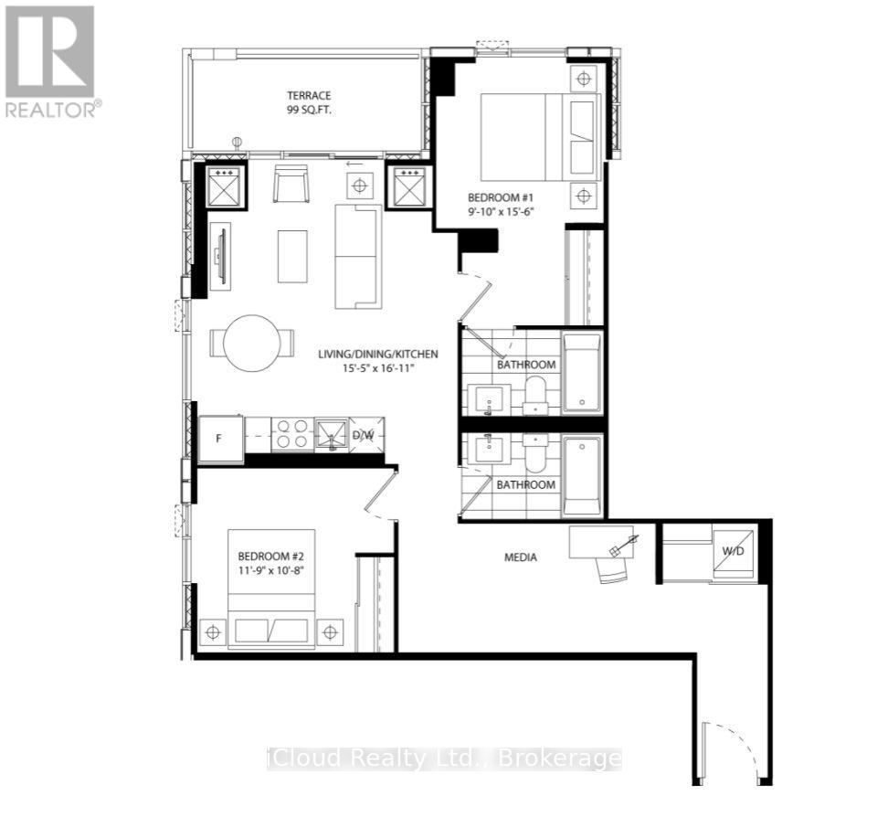 A floor plan of a home with a living room, dining room, two bedrooms, a bathroom, and a terrace.