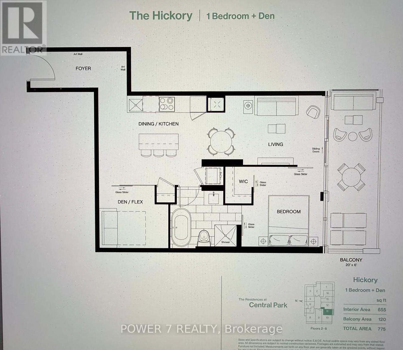 A floor plan for a 1 bedroom + den apartment at Central Park.