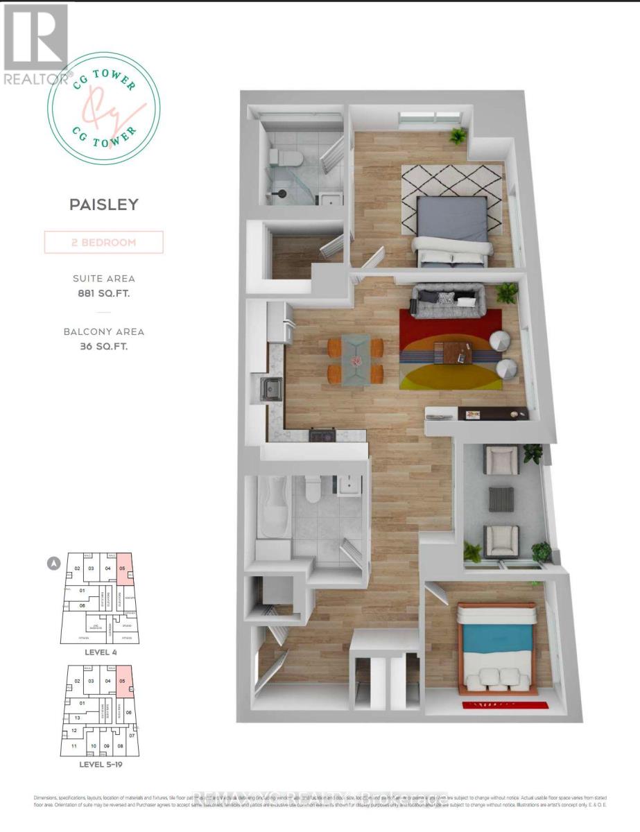 A floor plan of a Paisley apartment with two bedrooms, a suite area of 881 sq.ft, and a balcony area of 30 sq.ft.