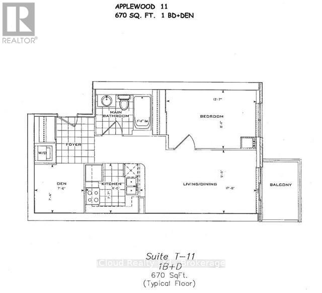 A floor plan for a 11 Suite, 670 square foot, typical floor, 1 Bedroom, 1 Bathroom apartment.