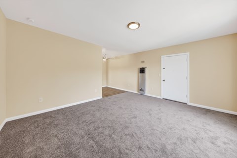 A spacious room with a carpeted floor and a white door.