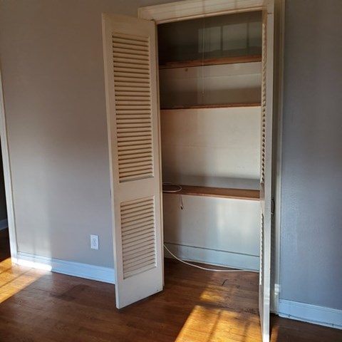 A white closet with shelves and a door open.