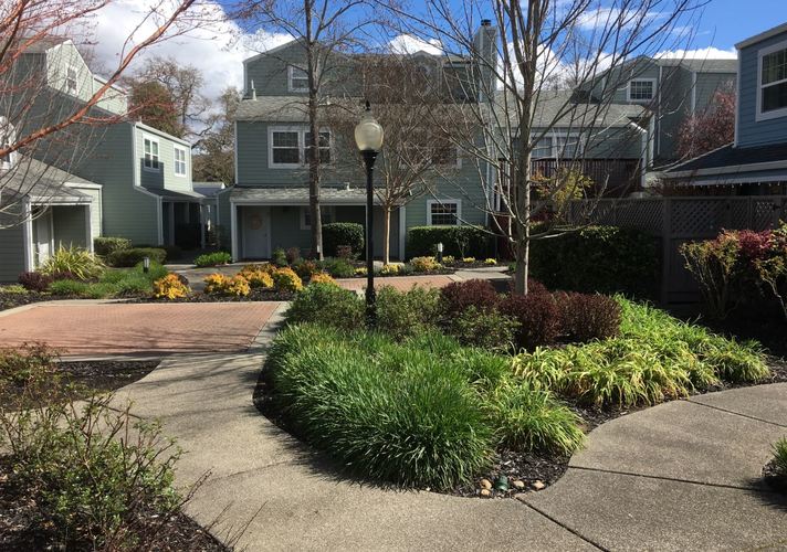A residential area with a walkway and houses.