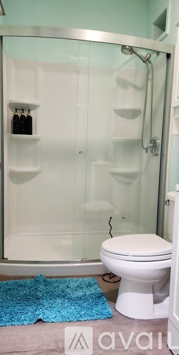 A white toilet sits in a bathroom next to a glass shower stall.