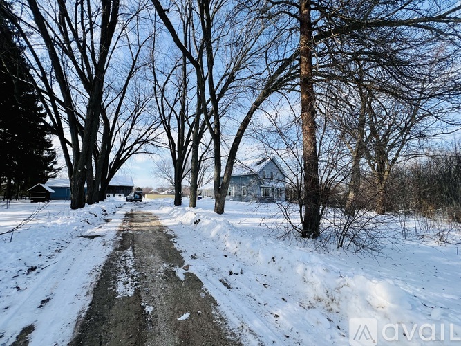 A snowy road with trees on both sides and a house in the distance.