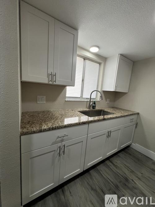 A kitchen with white cabinets and a granite countertop.