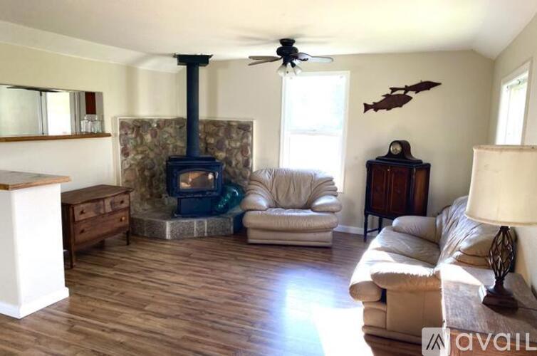 A living room with a wood stove and a couch.