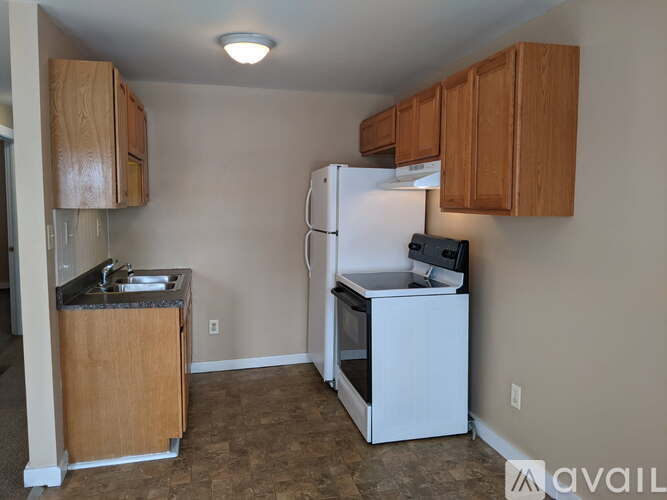 A kitchen with a white refrigerator and wooden cabinets.