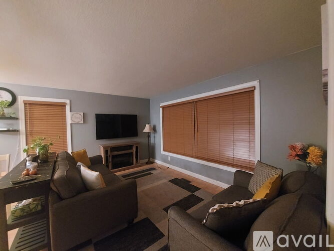 A living room with a brown couch and a television.
