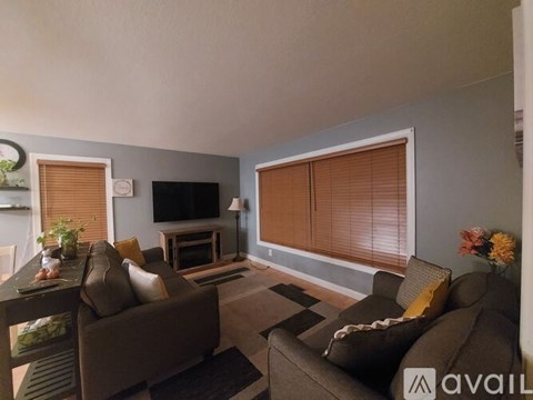 A living room with a brown couch and a television.