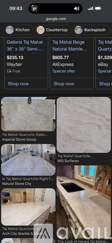 A screenshot of a website showcasing various Taj Mahal quartzite slabs for sale.