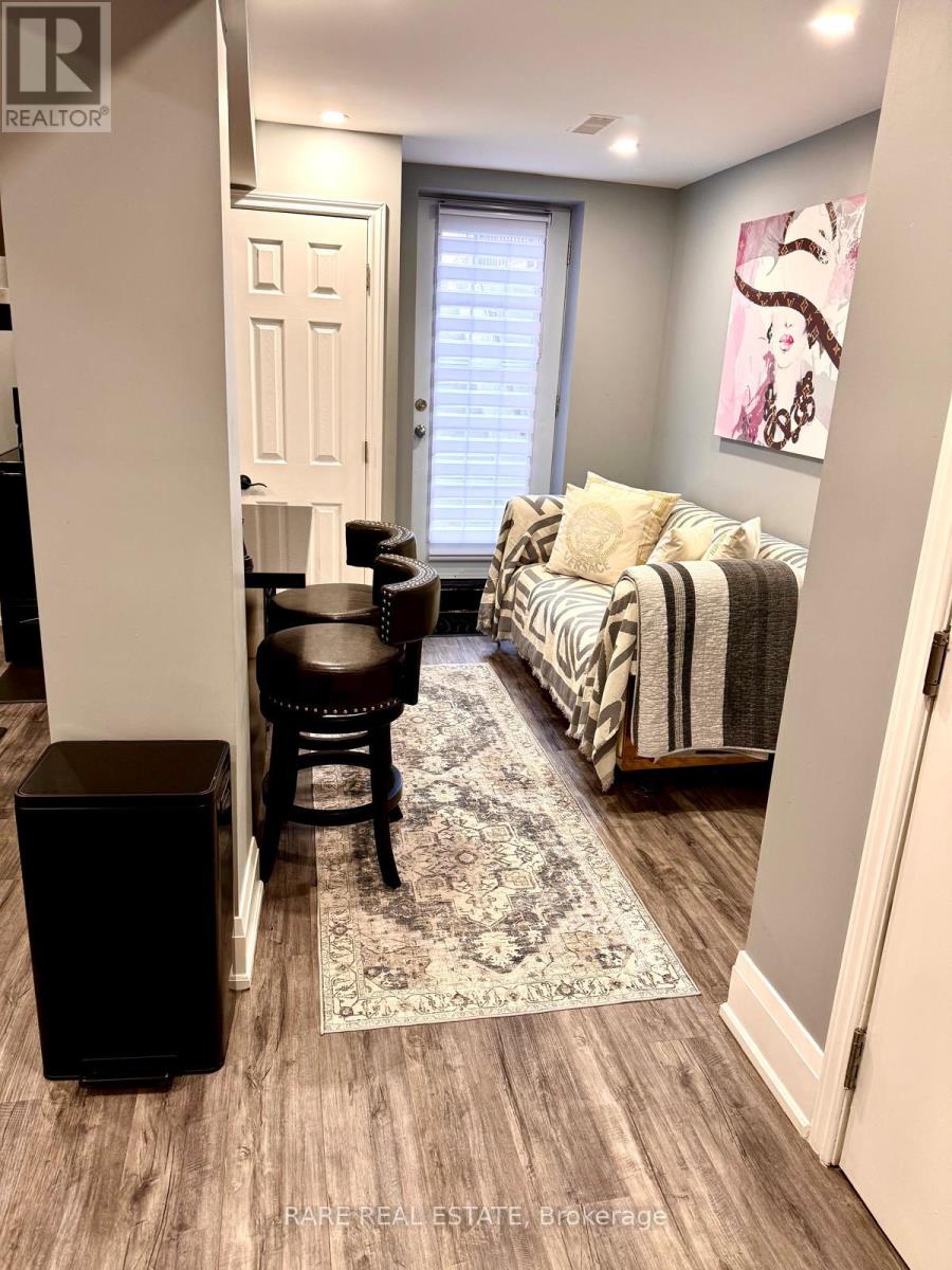 A living room with a couch, chair, and rug.