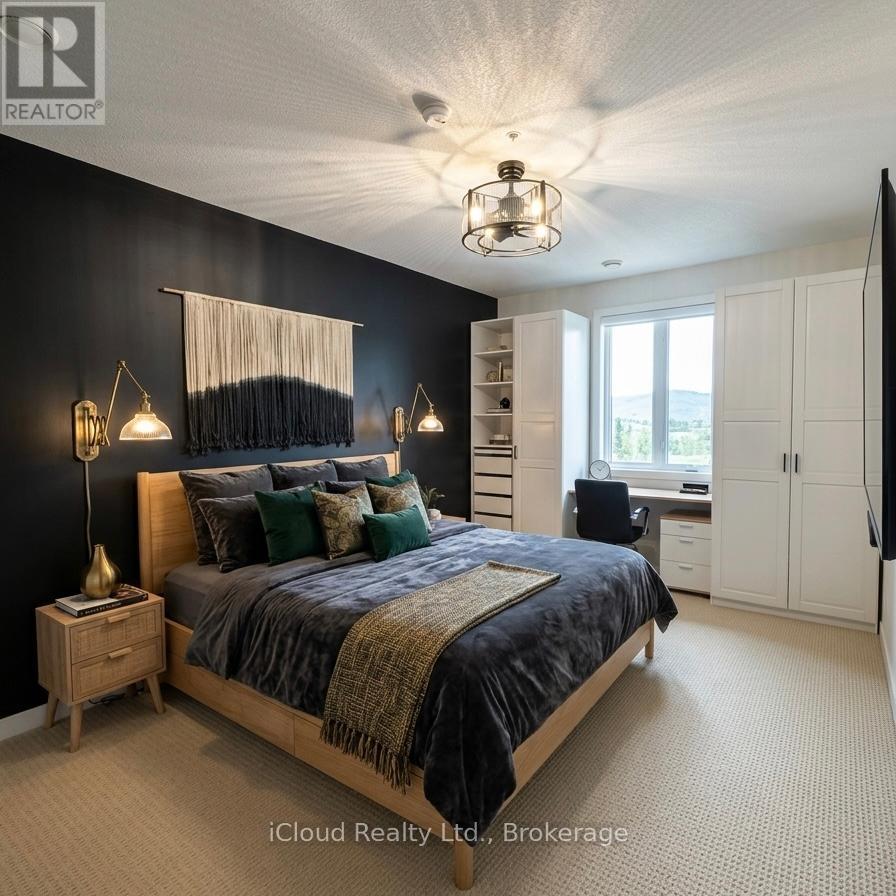 A bedroom with a bed, nightstands, and a window.