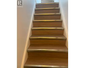 A set of wooden stairs with metal handrails.