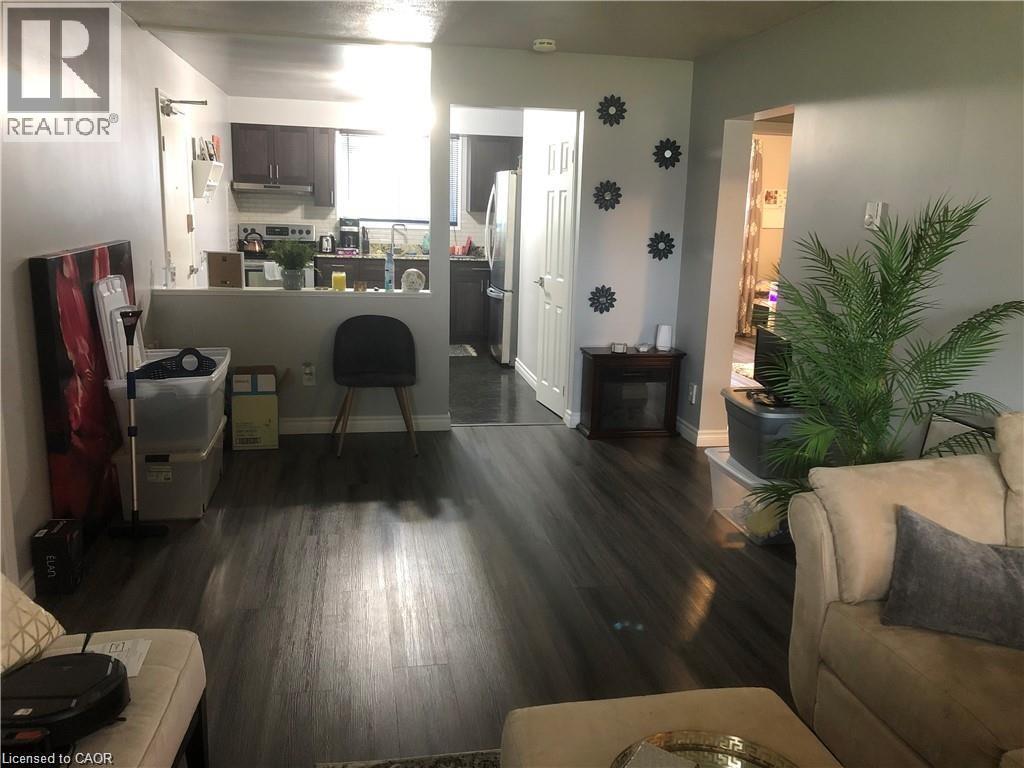 A living room with a couch, a coffee table, and a plant.