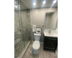 A bathroom with a toilet, sink, and shower.
