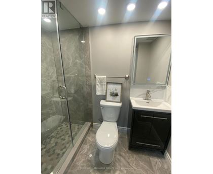 A bathroom with a toilet, sink, and shower.