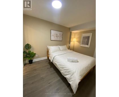 A bedroom with a bed, a potted plant, and two framed pictures on the wall.