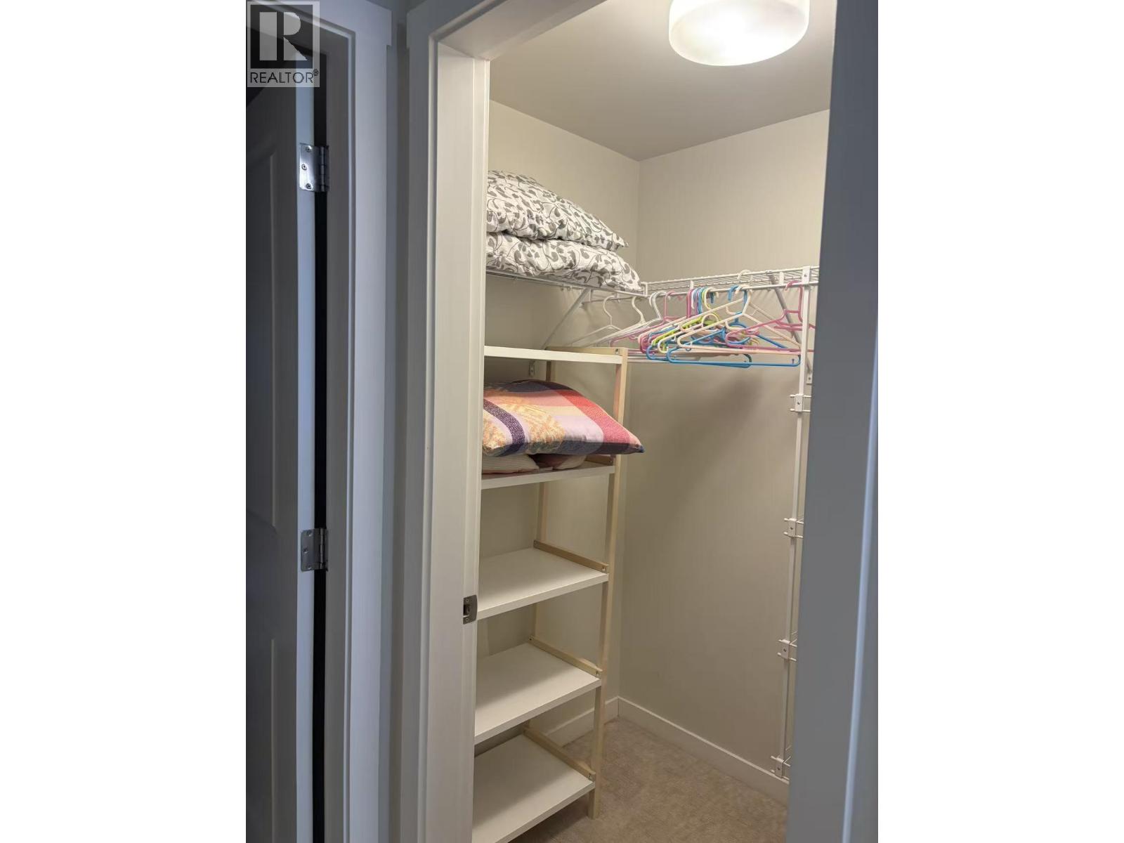 A white closet with a shelf and a pillow on it.