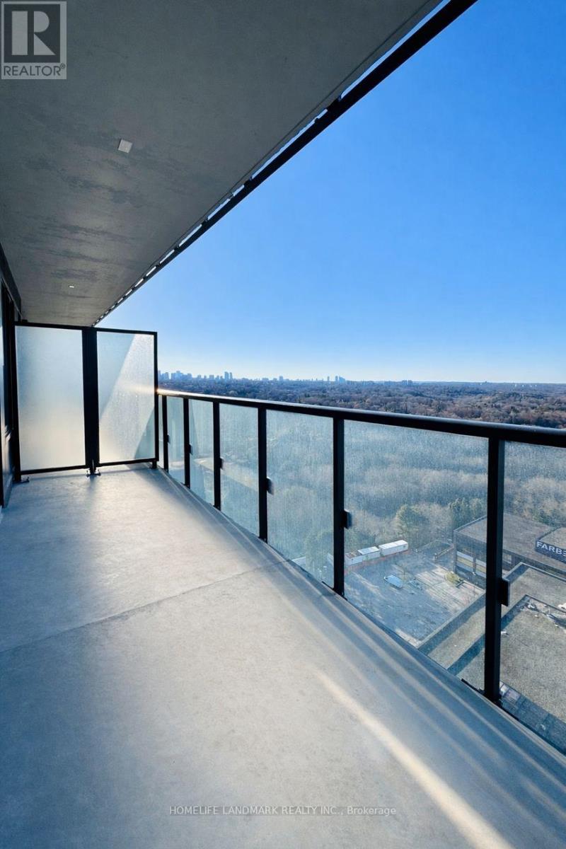 A balcony with a view of a cityscape.