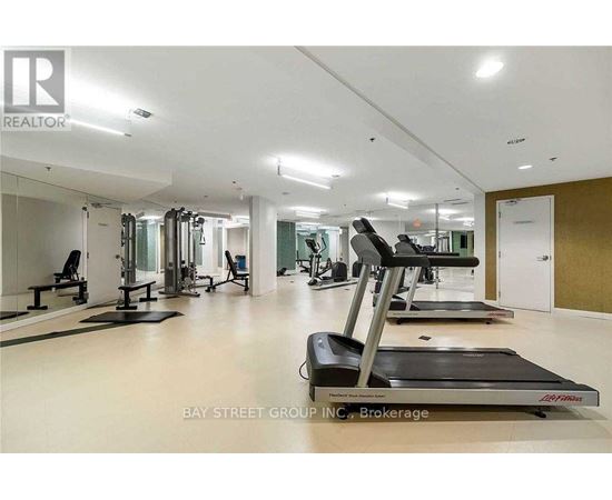 A gym with treadmills, weights, and mirrors.