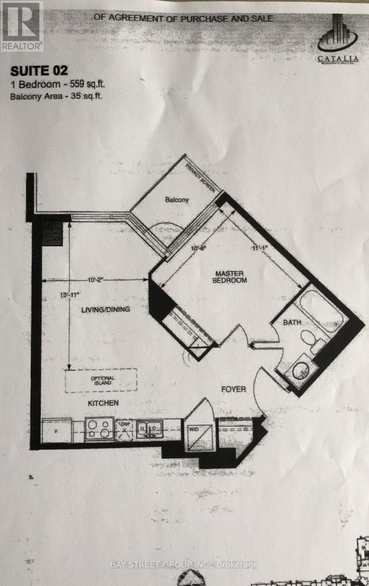 A floor plan for Suite 02, a 1 bedroom, 559 sq.ft. apartment with balcony, is shown.